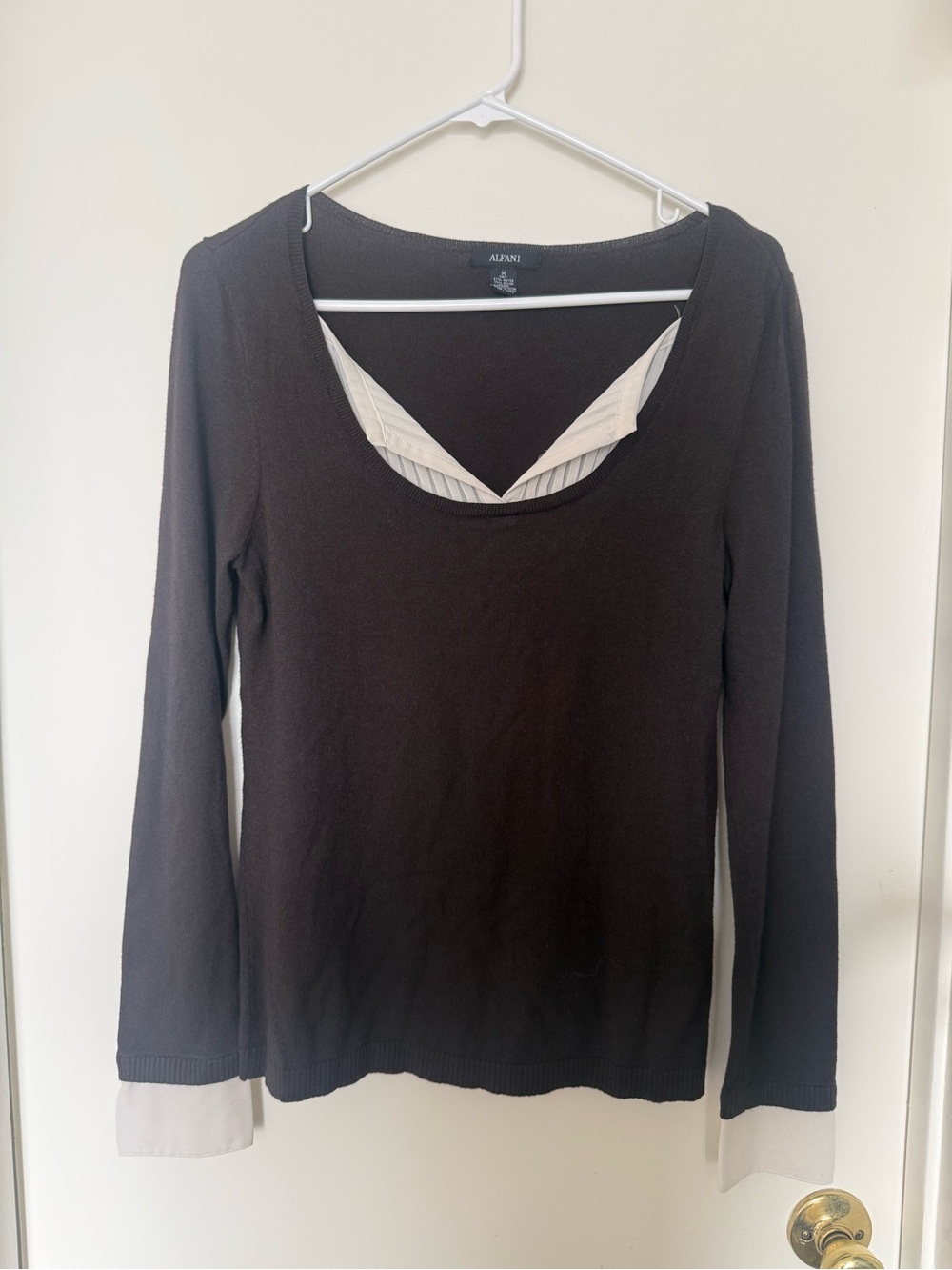 Alfani Layered Look Sweater Top Medium Black White Shirt Cuffs
